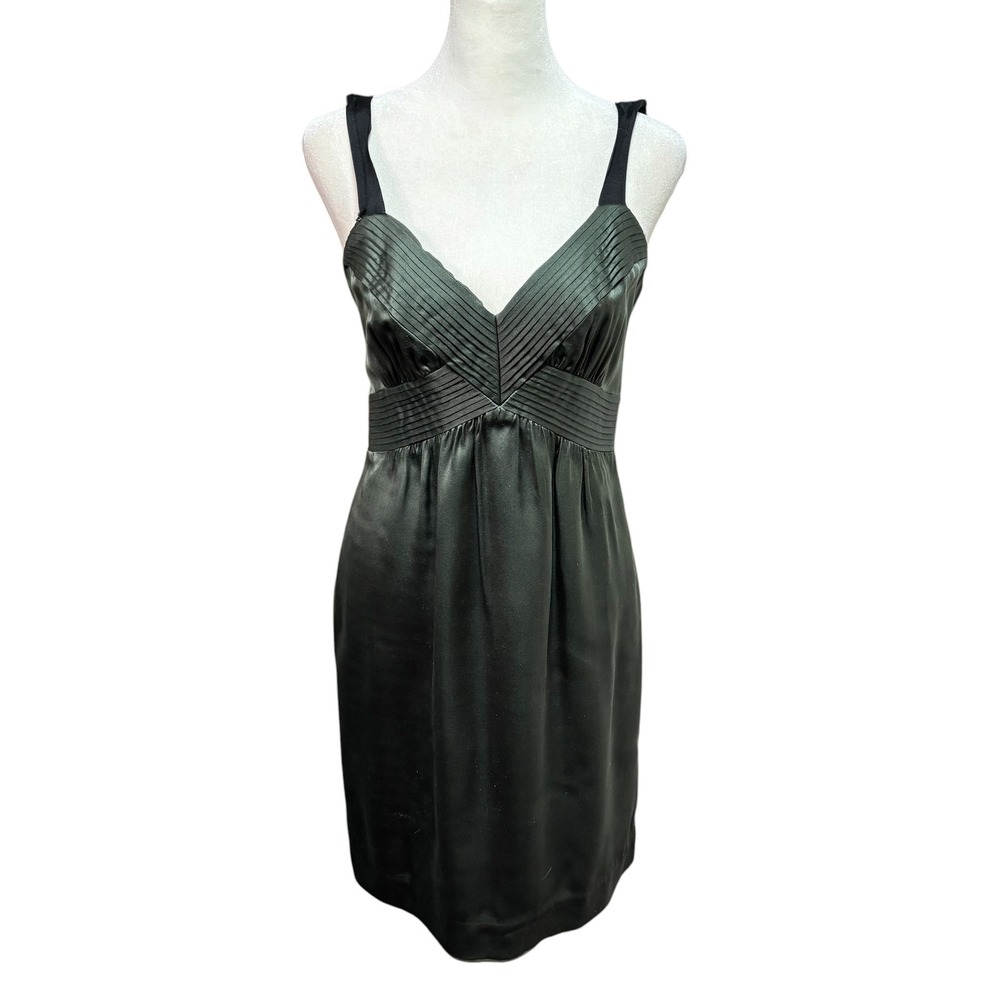 Banna Republic Forest Satin‎ Pleated V-Neck Cocktail Dress Contrast Straps #957
